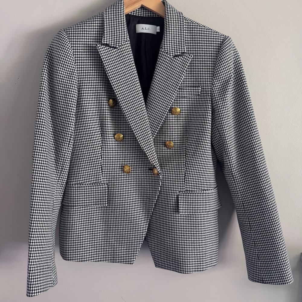 A.L.C. Black and White Women's Houndstooth Blazer Jacket Gold Buttons Size 8